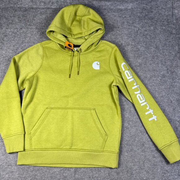 Carhartt Hoodie Womens Small Olive Green Relaxed Fit Midweight Spellout Workwear - Picture 1 of 11